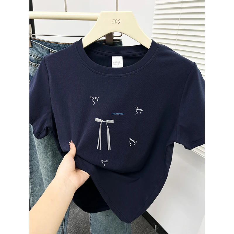 正肩藏蓝色圆领t恤女夏季新款韩系ins蝴蝶结印花显瘦穿搭短袖上衣