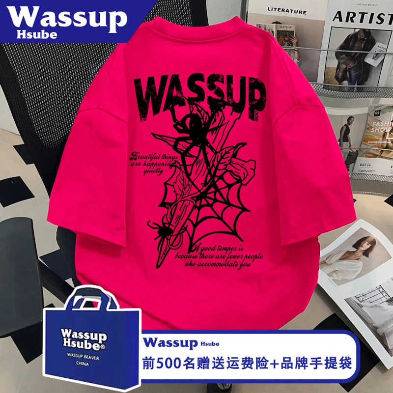 WASSUP HSUBE美式蜘蛛印花T恤ins夏季100%棉火龙果短袖男女款上衣