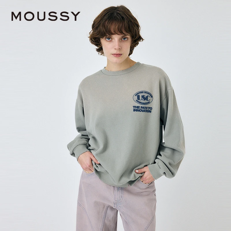 【达人专享】moussy 创新之路宽松圆领做旧套头卫衣010ISL90-0871