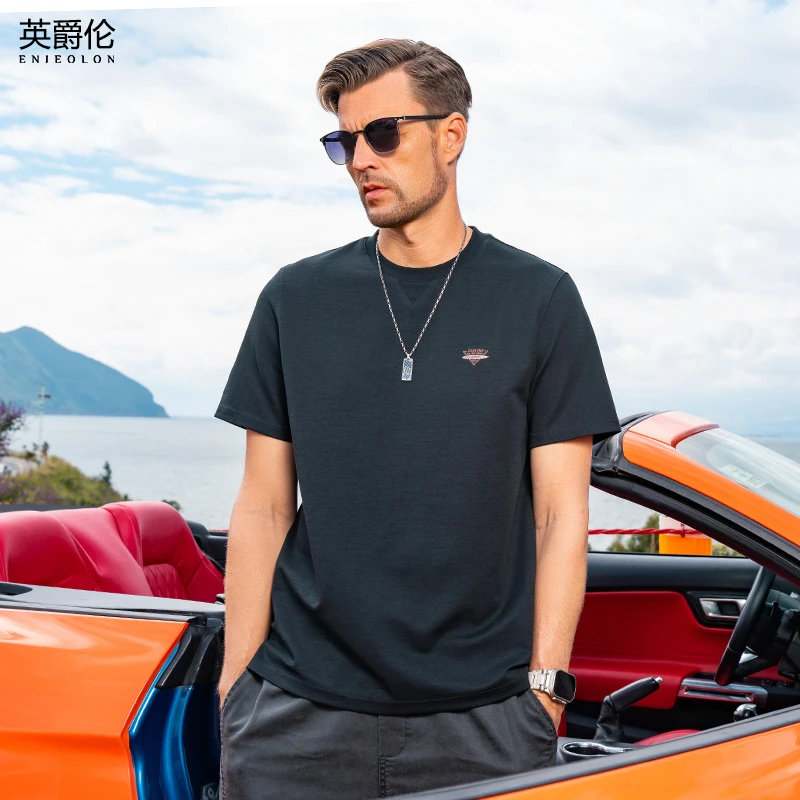 英爵伦科技凉感冰皮短袖男T恤爽滑夏季字母绣花休闲体恤衫T9519