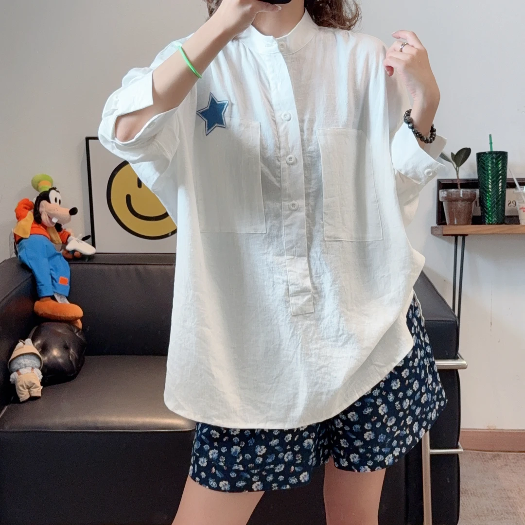 2025新款超洋气白色立领亚麻半开扣套头衬衣女宽松显瘦简约百搭