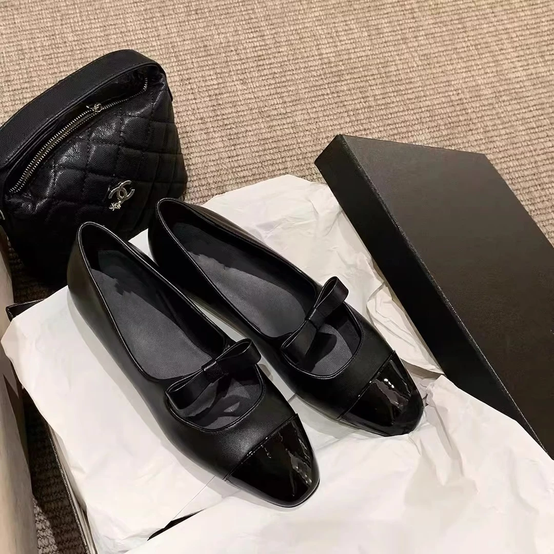 真皮~经典拼色小香风蝴蝶结方头玛丽珍单鞋法式平底浅口秋季新款