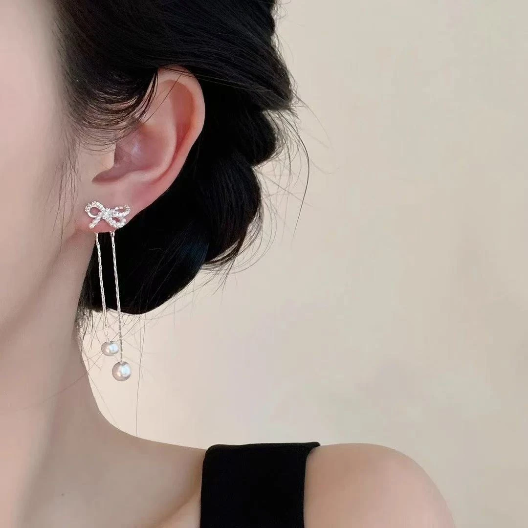 「花团锦簇」蝴蝶结珠珠长款流苏耳钉圆脸适合的耳环前后两戴耳饰