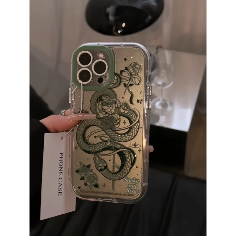 适用苹果16闪粉奶油壳华为mate70手机壳防摔iPhone15蛇和玫瑰小米