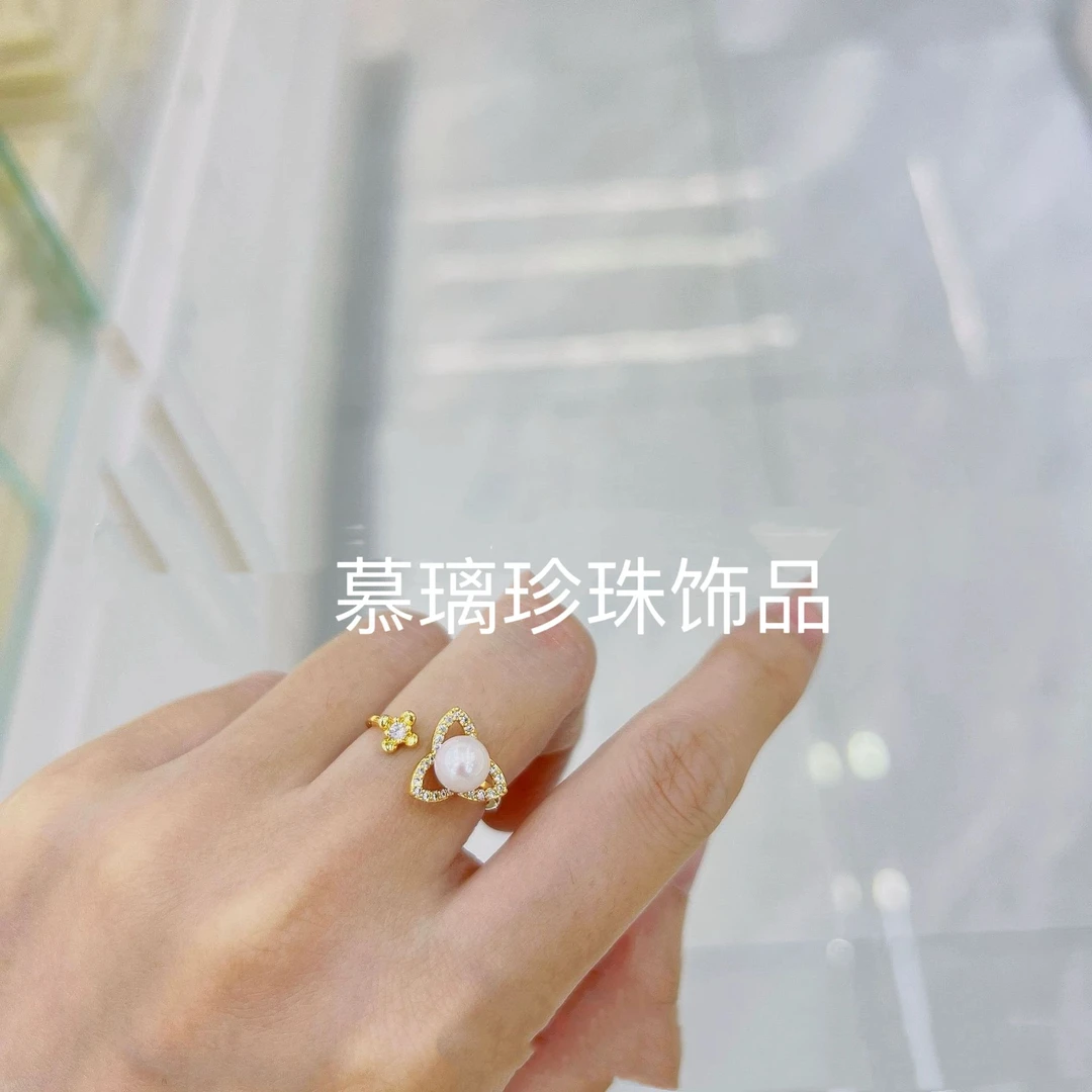 青沧 天然可刮粉 白色8mm淡水珍珠三叶花戒指指环 616