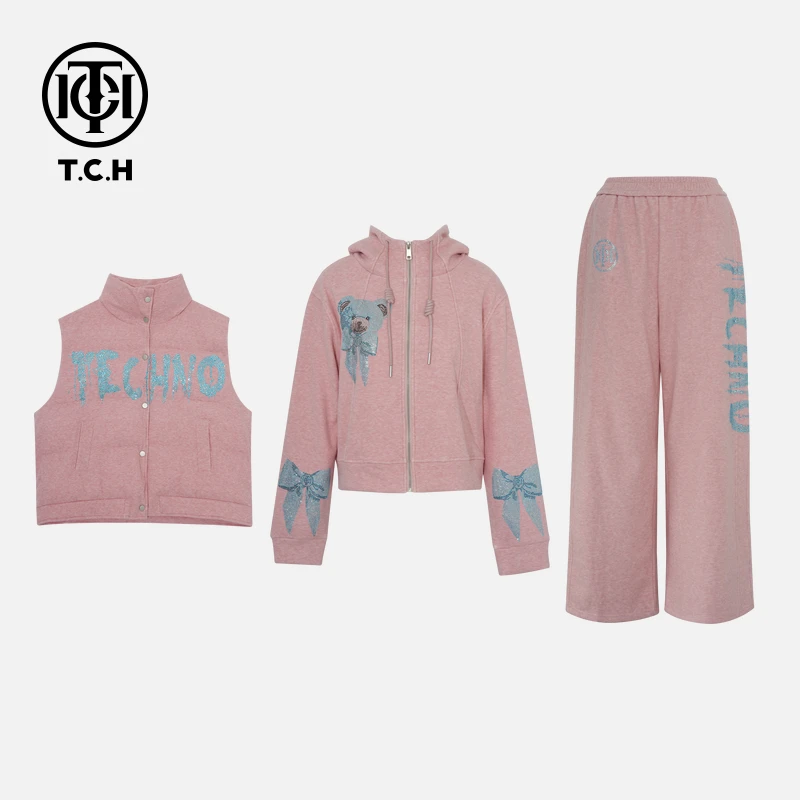 TCH私服秋季纯欲风烫钻时尚淑女粉色长袖套装T75C07E5032私服tch