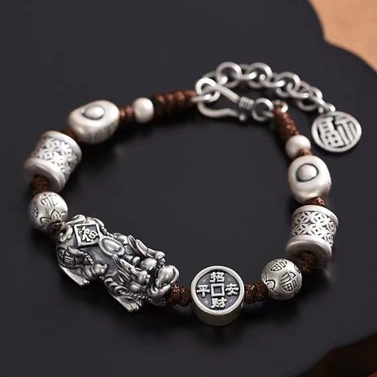 足银手镯 足银9999佛珠六字貔貅手链男女士款复古风国风编织福心