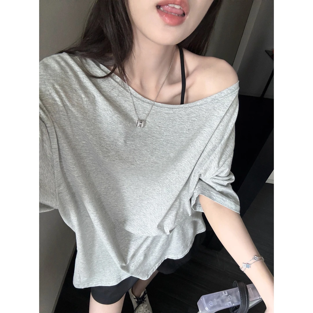 轻薄柔软小众松弛宽松显瘦露肩斜肩花花中袖白色T恤上衣女款811