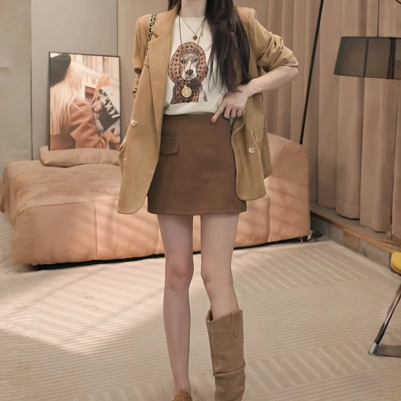 老钱风气质时尚套装女2026春秋新款卡通短袖西装外套半身裙三件套