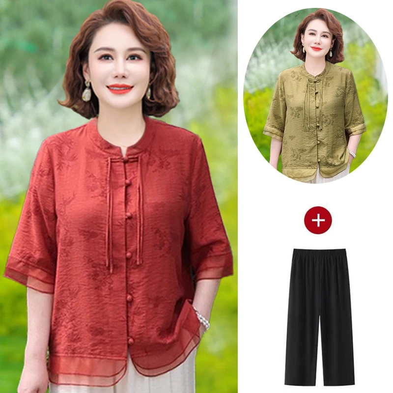 金狐狸中老年夏装仿真丝大码半袖雪纺小衫胖妈妈洋气仿桑蚕丝t恤