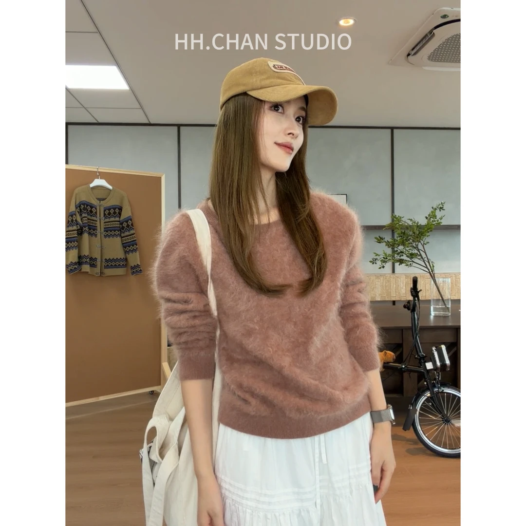 HH.CHAN"慕斯～"100%山羊绒拉绒雾感慕斯摩卡圆领毛衣HH53G38262