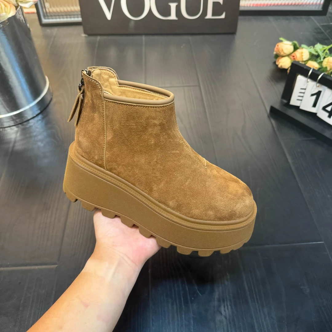 牛皮7CM厚底短靴女2024冬季新款加绒小个子休闲高级感女鞋雪地靴