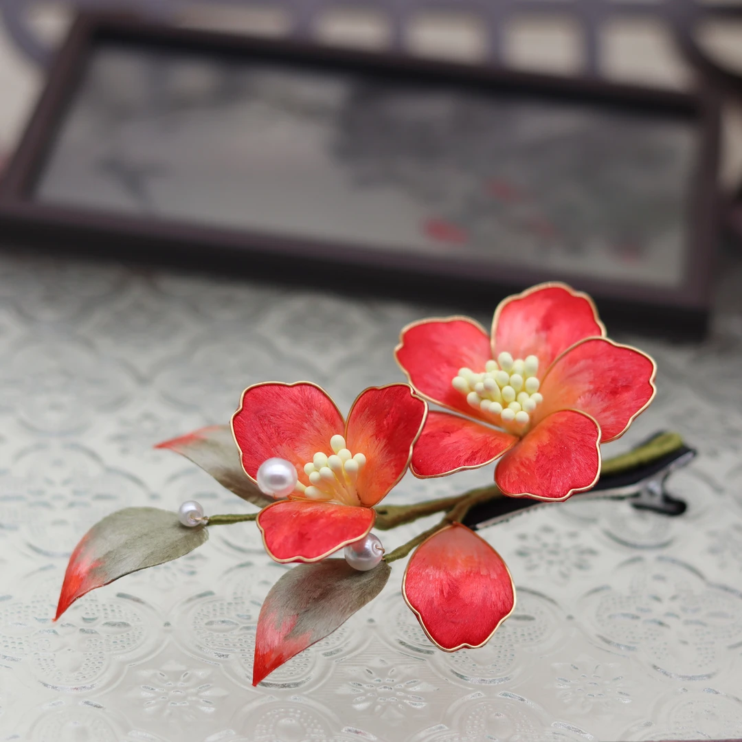 海棠春睡 非遗绒花手工发饰鸭嘴夹