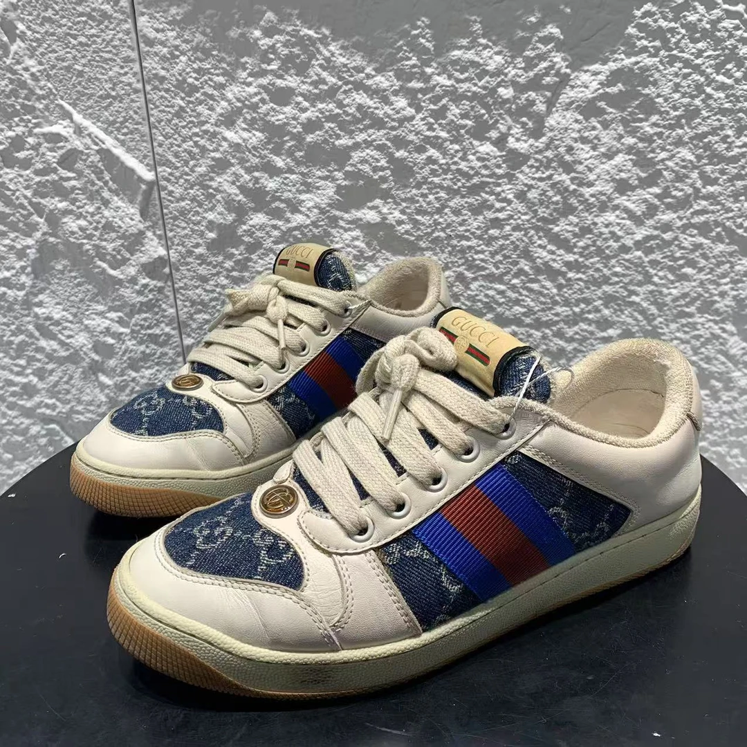 95新 GUCCI/古驰 36码/仔仔女鞋/蓝紫色暗纹经典平底脏脏鞋xxs902