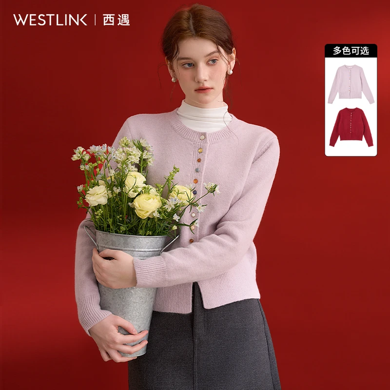 西遇红色短款针织开衫女2025年早春新款新年战袍小香风圆领外套