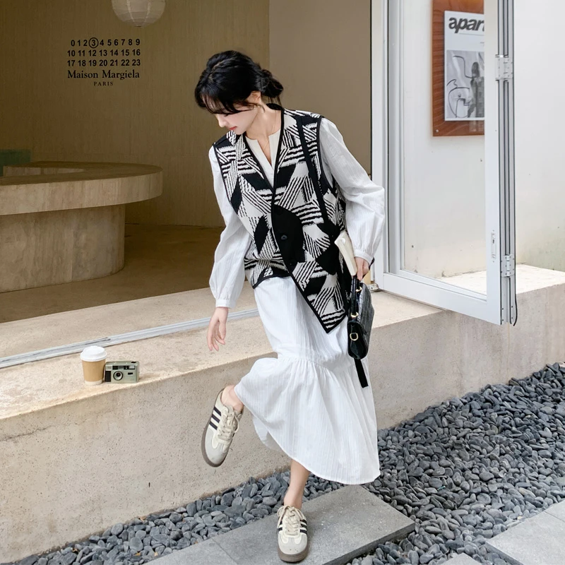 几何马甲连衣裙套装女2025春秋新款慵懒风韩系穿搭设计感两件套潮