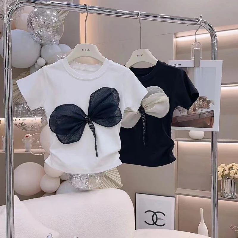 星思兔女童短T恤夏季新款宽松百搭蝴蝶结短袖