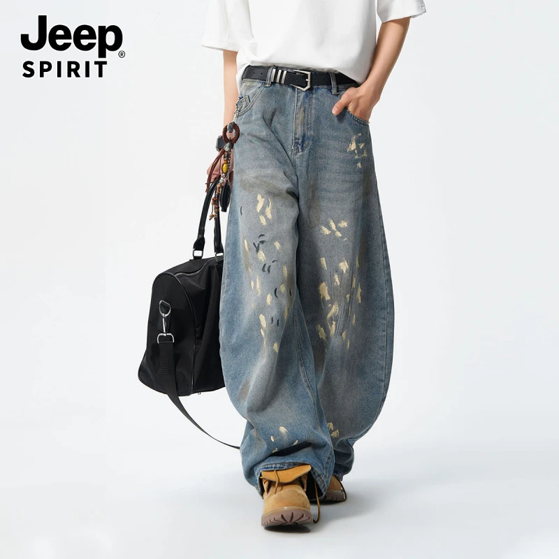 JEEPSPIRIT男装破洞美式牛仔裤男款秋新款复古印花青少年宽松阔腿