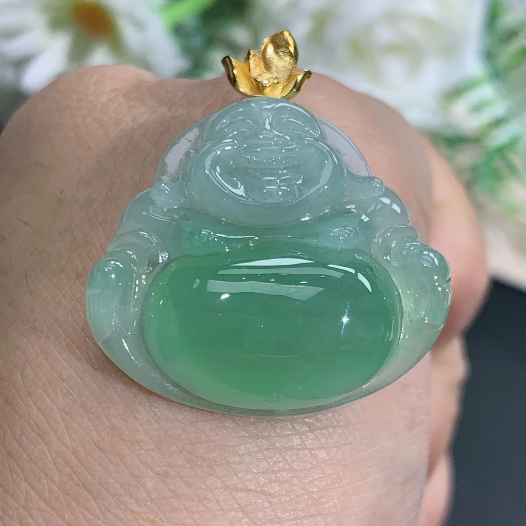 尺寸26.3×28.5×8.4缅甸天然翡翠A货18k金冰胶阳绿饱满佛公吊坠