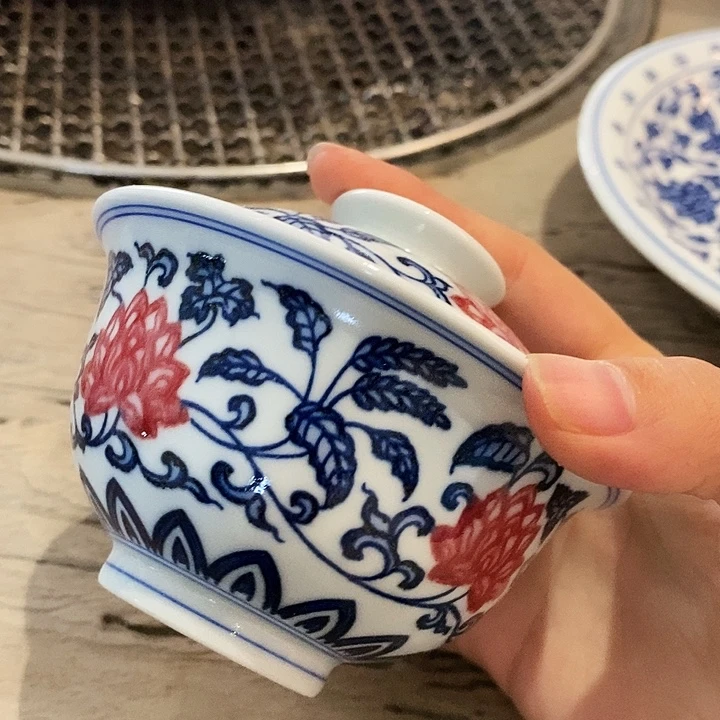 摆件陶缠枝莲青花釉里红无款120cc