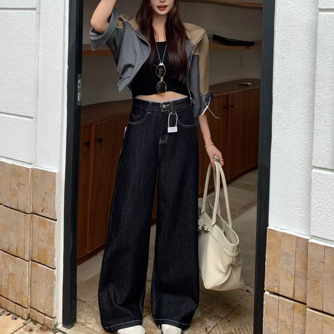 【现货+运险】美式阔腿牛仔裤女2025新款高腰显瘦遮跨直筒裤K00078