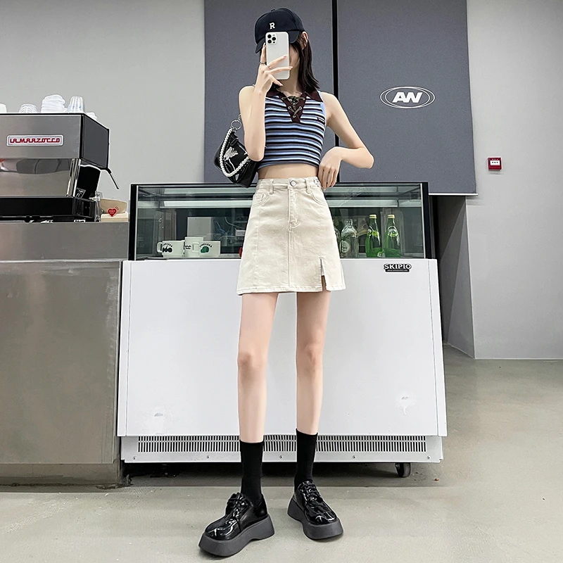 8173#2025牛仔女开叉设计感A字短裙辣妹高腰显瘦防走光半身裙