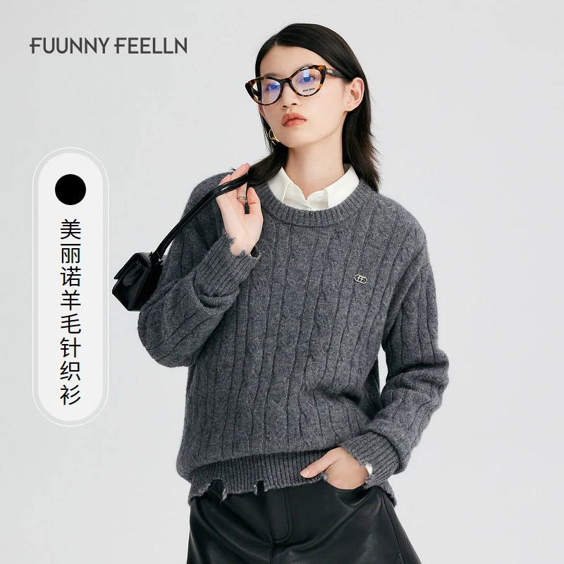 【美丽诺羊毛】FF仿佛冬季新款提花针织衫女圆领上衣FZ01605