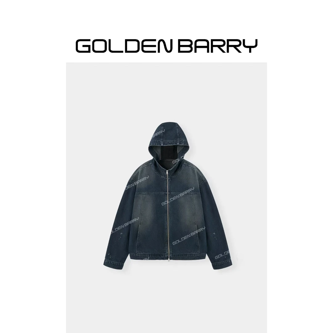 GOLDENBARRY|120124时尚GD风脏染廓形连帽牛仔外套