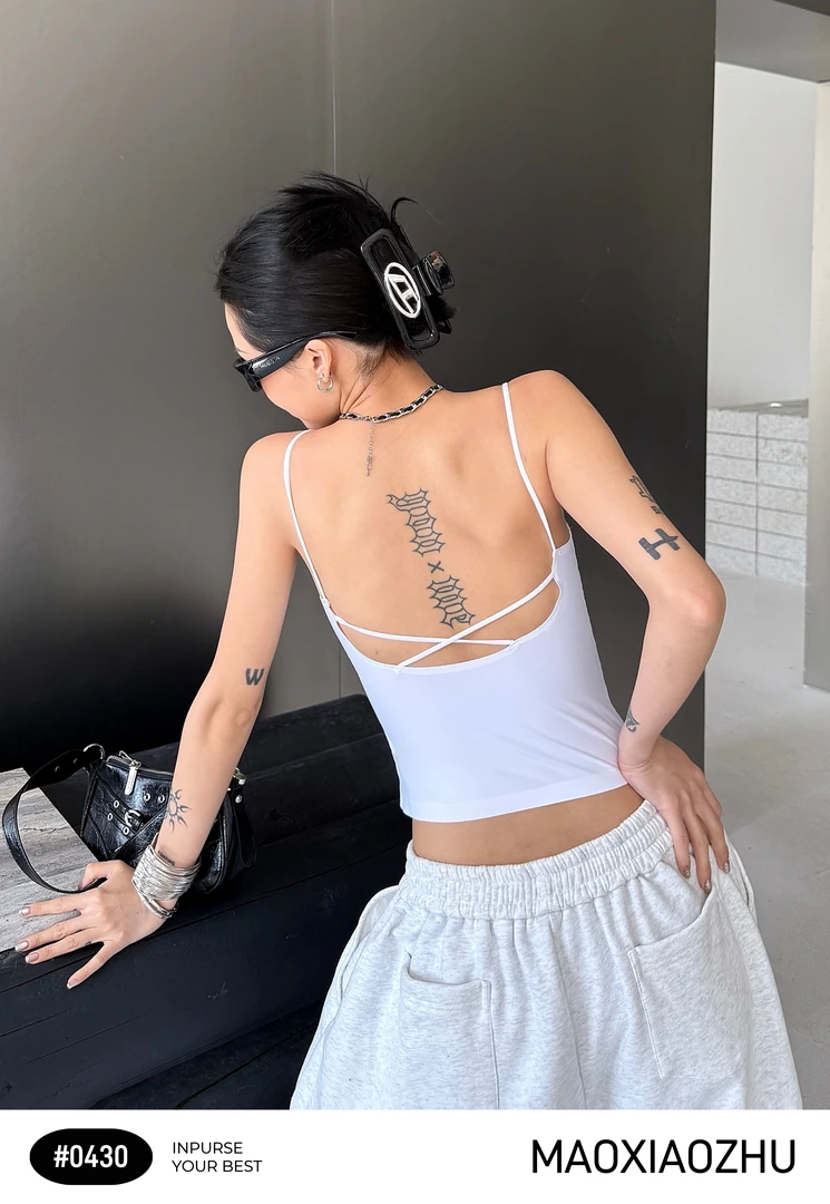 夏季后背交叉设计感~两色无痕吊带背心0430#