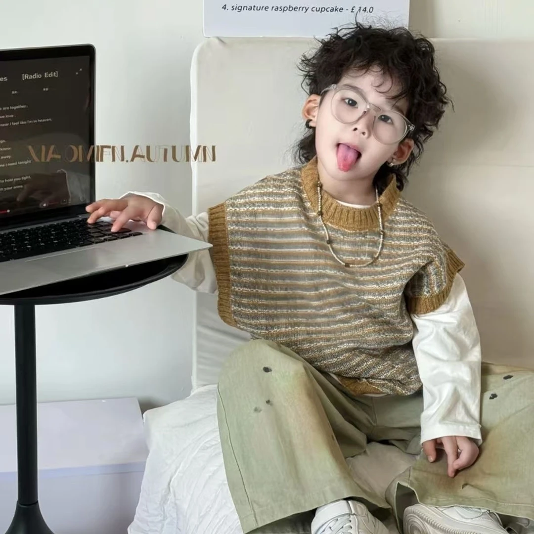 韩版男童秋装套装复古小潮男印花牛仔裤毛衣三件套做旧的潮流 FY