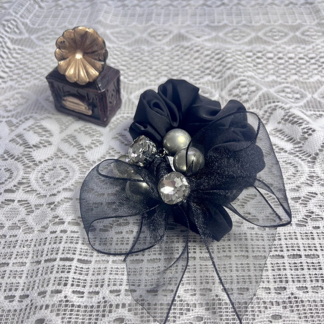 韩国Eunoia Nero【蝴蝶结珠珠发绳】3058气质头绳网纱