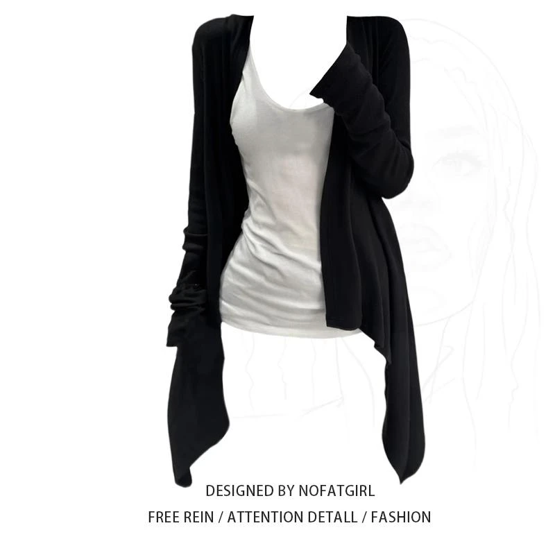 纸片人不规则下摆开衫女季新款气质慵懒显瘦背心长袖两件套-1052