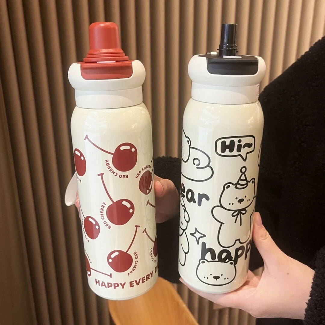 【佳佳】高颜值果茶樱桃保温杯新款316大容量吸管便携手提水杯双饮