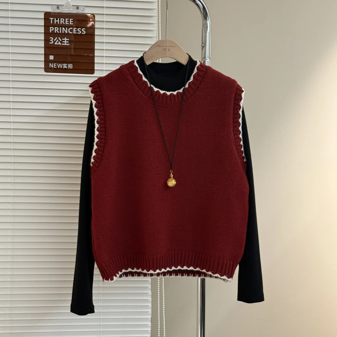 3公主  韩版毛衣马甲 撞色设计减龄显瘦2025春装新品女装上色背心