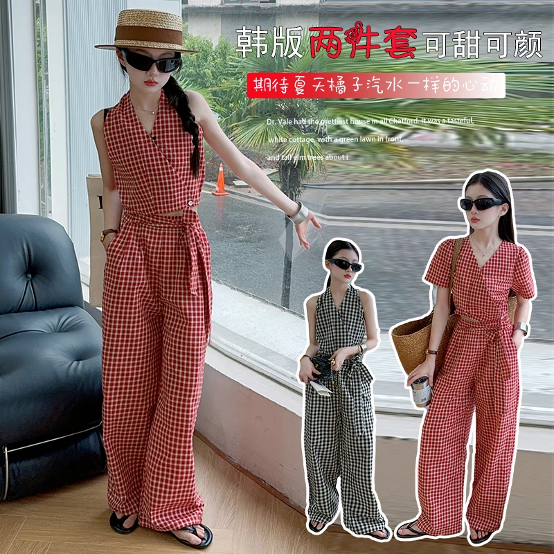 女童短袖套装夏装新款中大童洋气韩版格子无袖衫休闲阔腿裤两件套