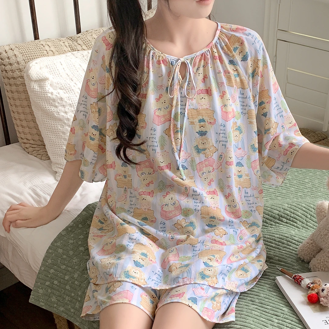棉绸睡衣女夏短袖短裤绵绸妈妈家居服人造棉套装大码胖MM学生可爱