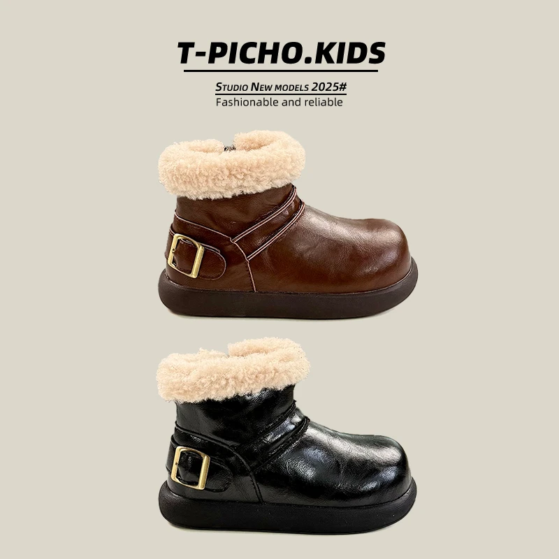 儿童雪地靴加绒加厚女童大棉鞋复古靴2025新款冬鞋男童棉靴-8333