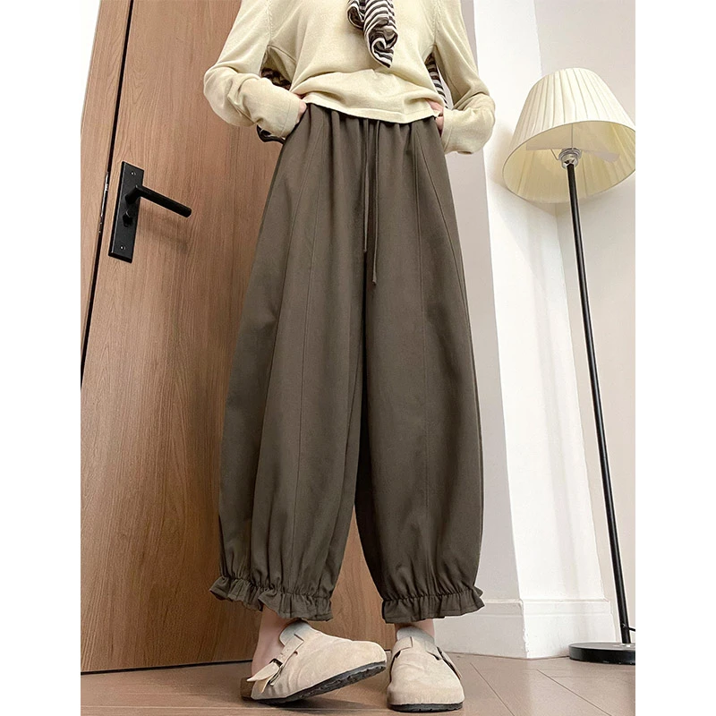 咖色裤子女秋季2025新款小个子高腰显瘦阔腿木耳边哈伦九分花苞裤