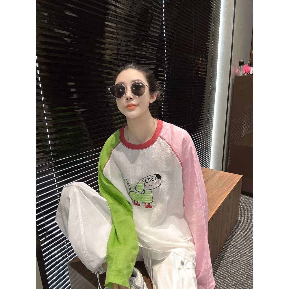 欧货拼接撞色小狗刺绣防晒T恤女早秋新款休闲百搭小众设计感上衣