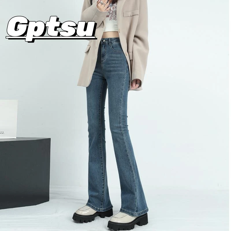 GPTSu微喇叭裤子女春秋季高腰修身显瘦紧身喇叭裤复古马蹄牛仔裤