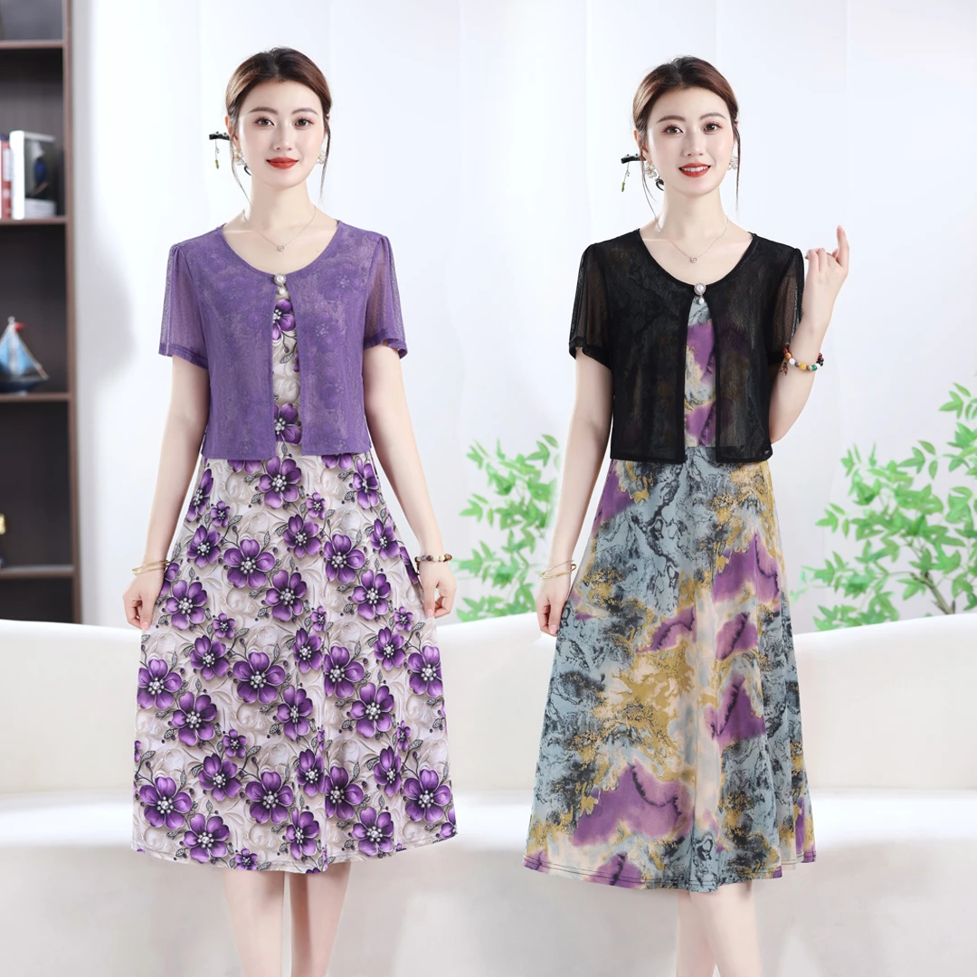 假两件短袖连衣裙气质妈妈装洋气遮肚显瘦女装夏季宽松弹力长裙子