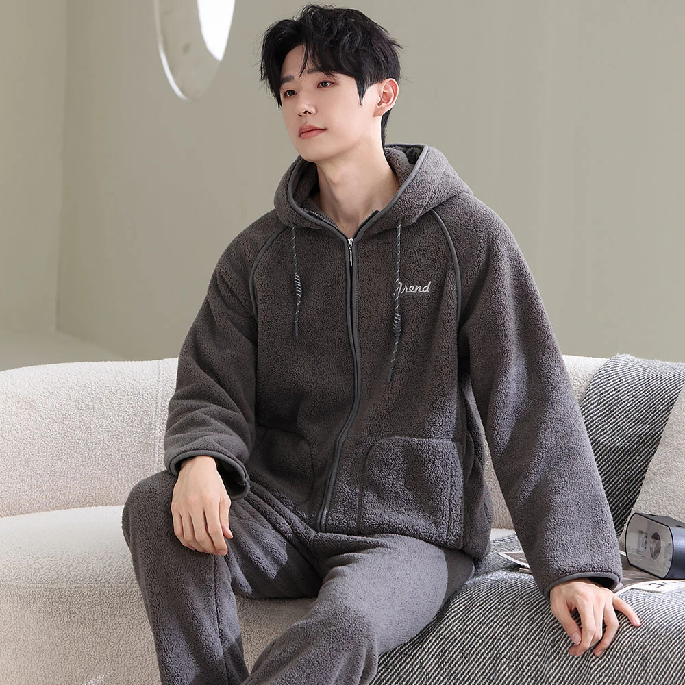 冬季保暖加绒加厚男士居家睡衣可外穿休闲拉链带帽抓绒家居服套装