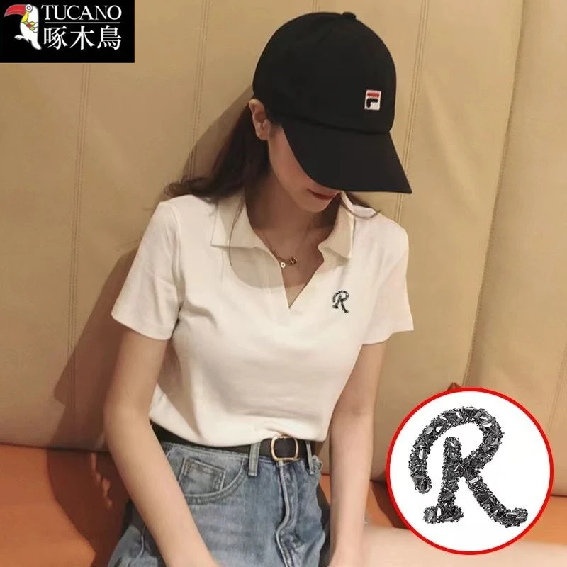 啄木鸟短袖T恤2025年新款百搭翻领打底衫夏季女士修身显瘦上衣ins