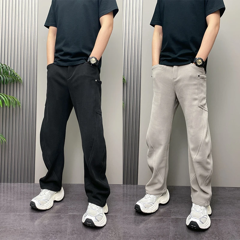 潮牌加绒宽松休闲裤男秋冬2025新款阔腿运动裤百搭帅气直筒弯刀裤