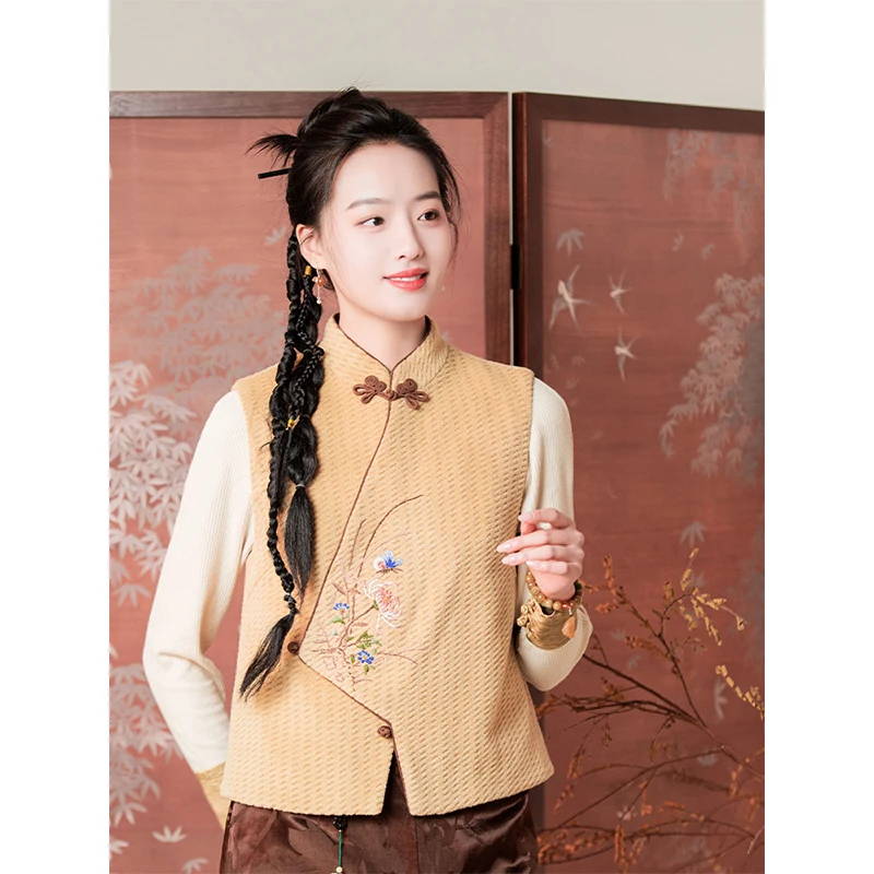 蘭襟【远山淡景】立领盘扣夹衬马甲女春日常国风复古文艺新中式绣花