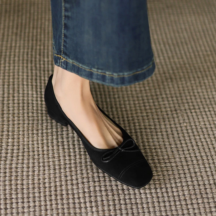 里外纯皮～羊皮2cm方头低跟蝴蝶结小香风时尚真皮浅口单鞋春季粗跟