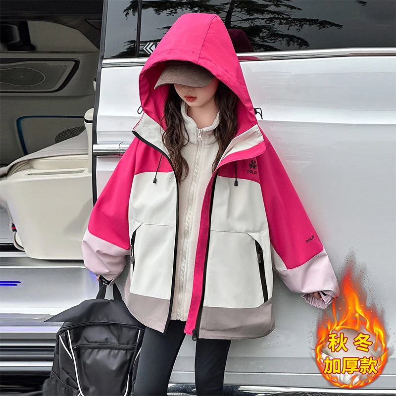 女童冲锋衣加厚秋冬新款中大童时尚拼色连帽外套内胆保暖两件套潮