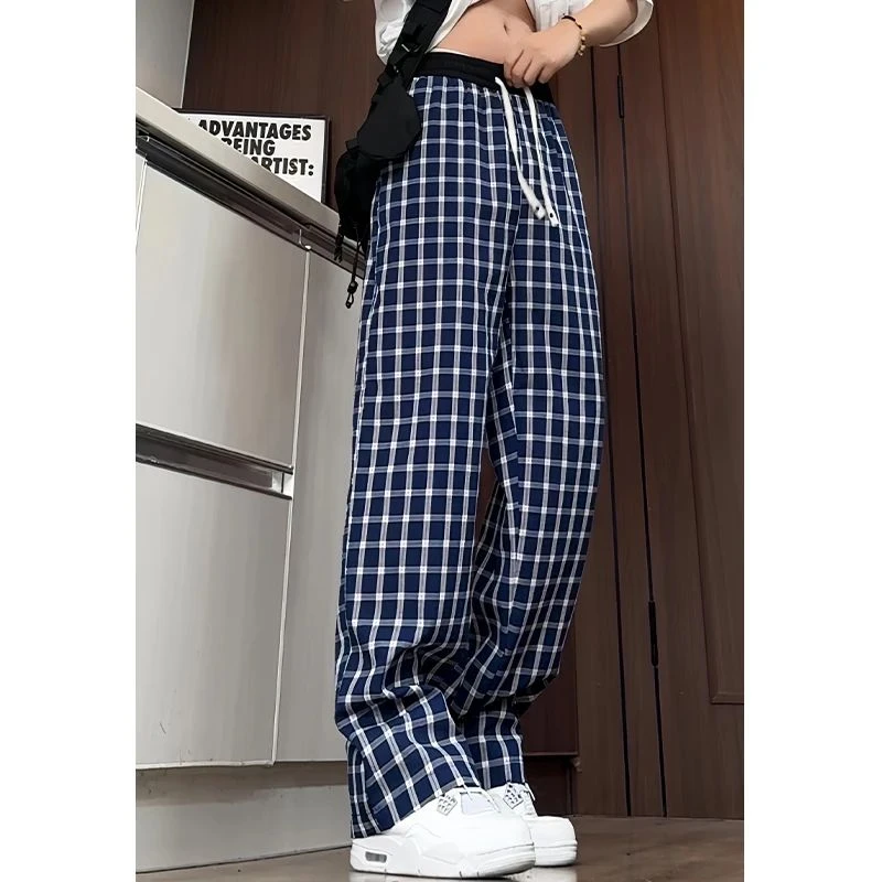 夏季小众设计感肌理感格纹休闲裤男女宽松大码薄款格子直筒长裤子
