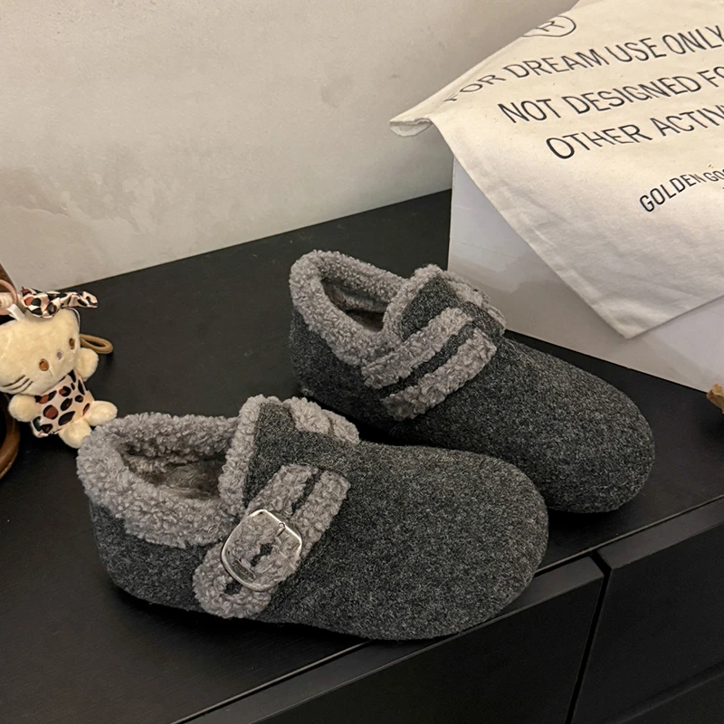 三福厚底增高灰色呢子毛毛鞋勃肯鞋女款2025冬季加绒保暖外穿棉鞋