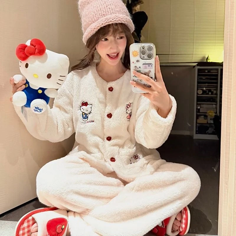 HD赫帝冬款新款卡通加厚保暧甜美两件套可外穿加绒睡衣女士大码